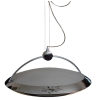 Lampa wisząca F. Fabien z lat 80., chromowana konstrukcja z mosiężnymi detalami i szklanym kloszem.