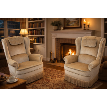 Fotele uszak retro welur – komplet w aranżacji salonu