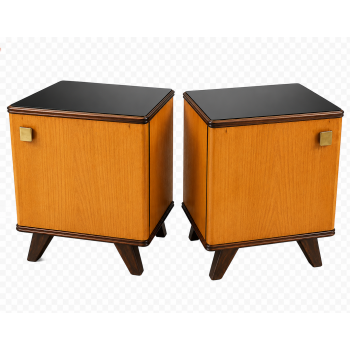 komplet szafek nocnych vintage lata 50 z czarnymi szklanymi blatami