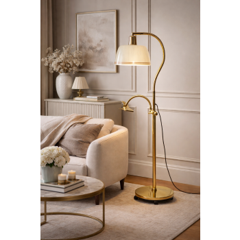 mosiądzowana lampa podłogowa retro w klasycznym wnętrzu