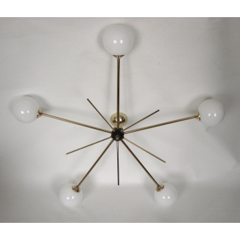 chandelier italian 1960 brass glass 5 lights