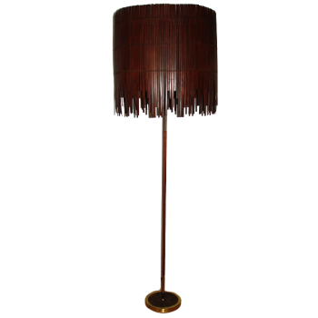 Lampa stojąca vintage z dekoracyjnym drewnianym abażurem