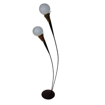 Lampa podłogowa Mid-Century z lat 60., wykonana z metalu, mosiądzu i szkła, widok frontalny.