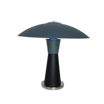 Wizualizacja lampy stołowej w kształcie grzybka, szaro-czarna kolorystyka, styl vintage.”