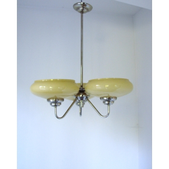 Żyrandol Art Deco z lat 30., mosiądz niklowany i szkło