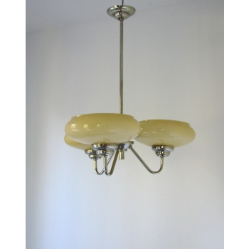 Żyrandol Art Deco z lat 30., mosiądz niklowany i szkło