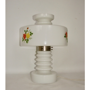 Lampa stołowa Vitropol lata 70. – białe szkło i kwiaty