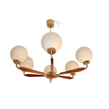 Żyrandol Modern z lat 70. wykonany z metalu, drewna teak i szkła – widok ogólny