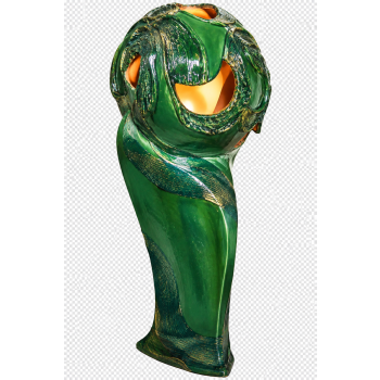 Lampa-rzeźba w formie stylizowanej głowy z zielonej ceramiki szkliwionej